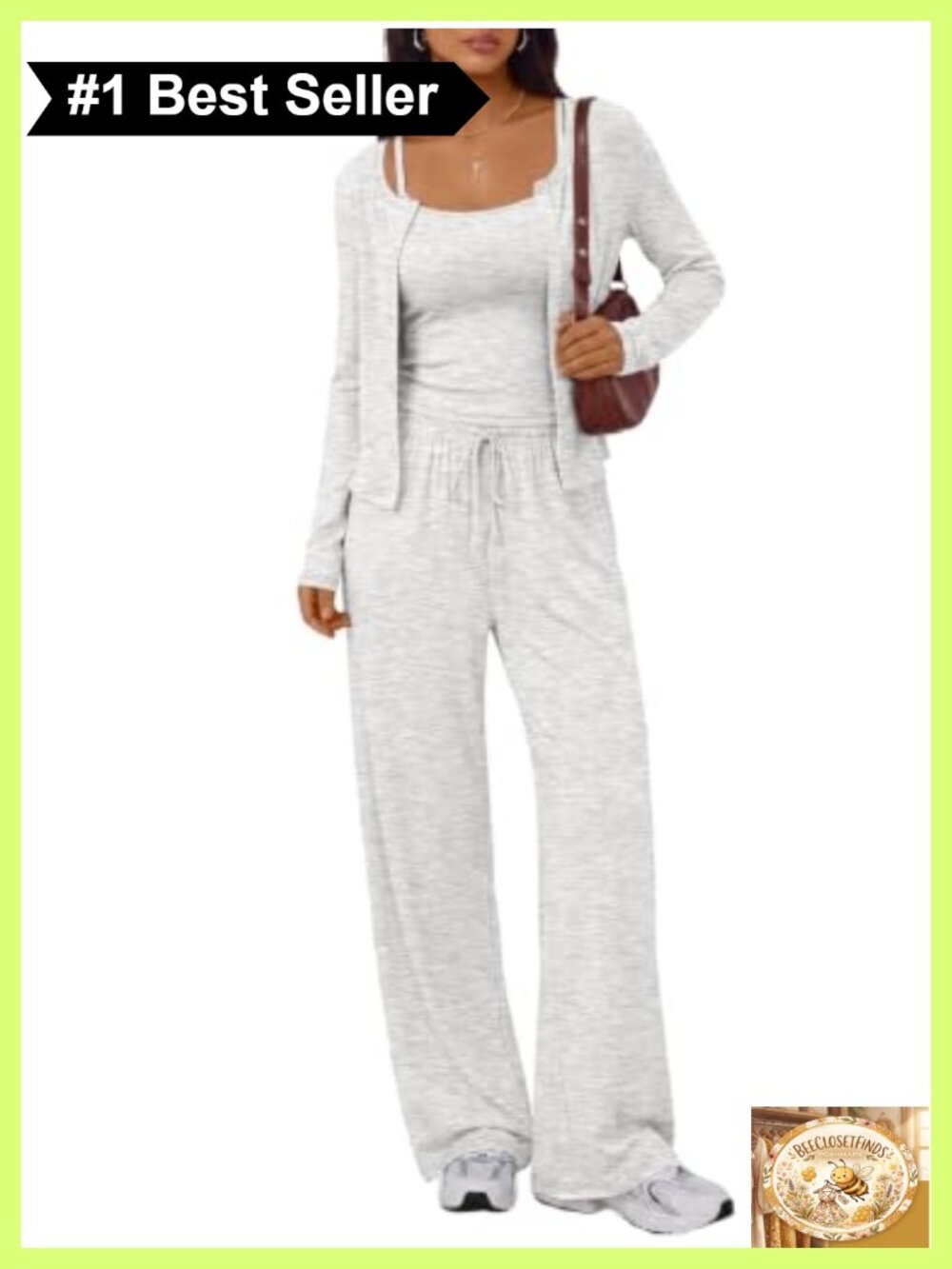 3 Piece Lounge Set Wide Leg Pants Cardigan Camisole Travel